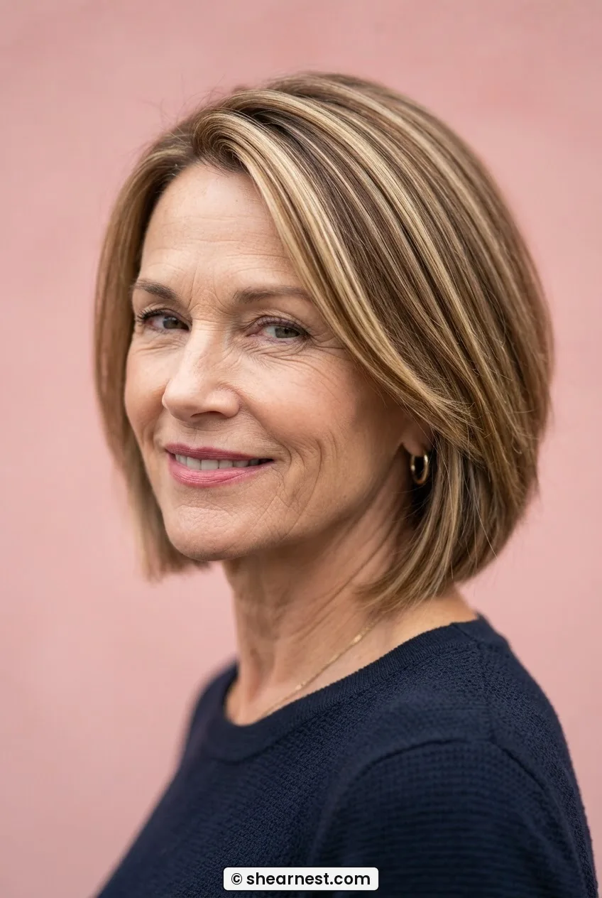 Woman with chin-length bob featuring ribbon highlights woven from root to tip creating dimensional blonde streaks on medium base