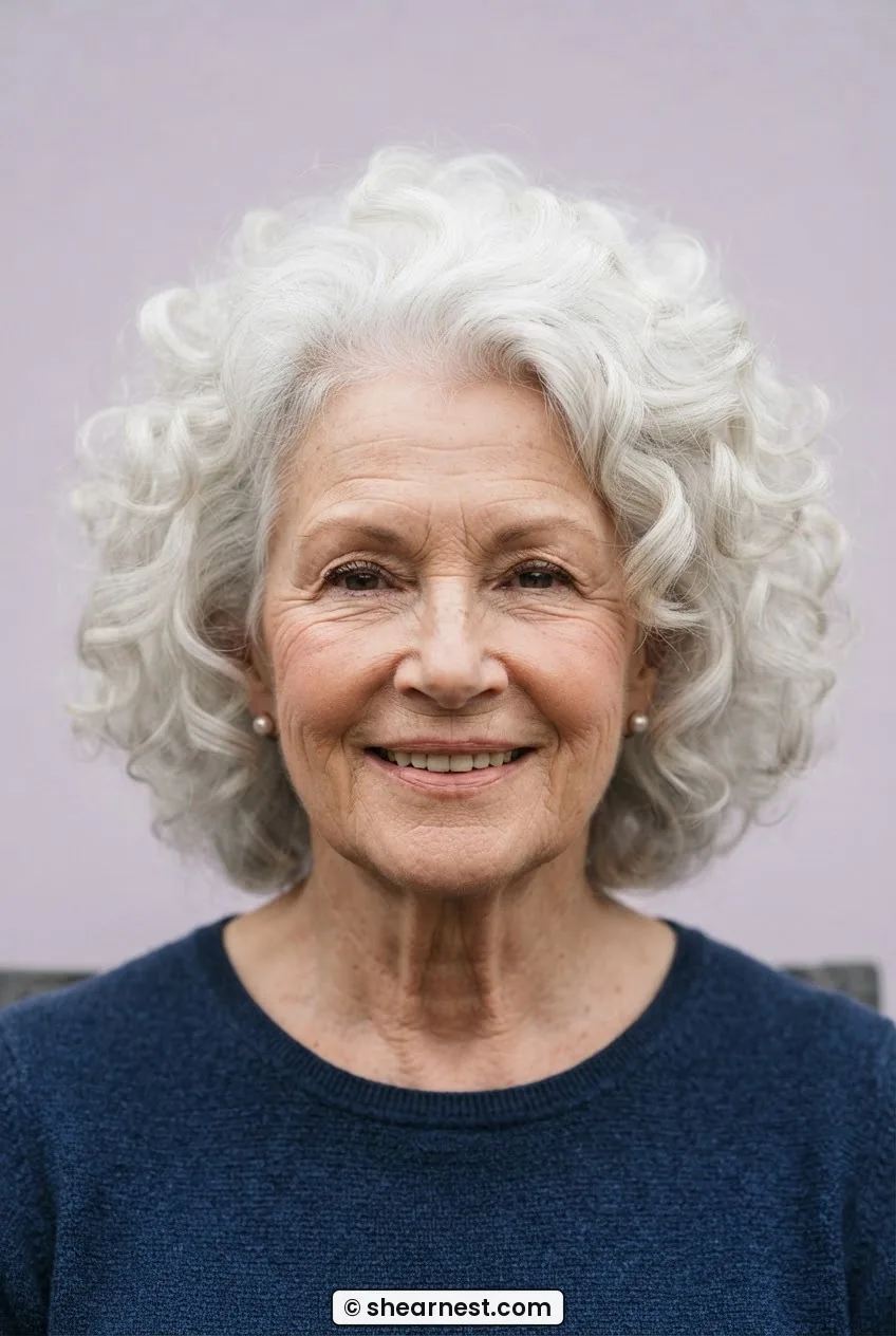 Close front view of a seventy-two-year-old woman with a full soft roller-set white hairstyle in pale lilac studio
