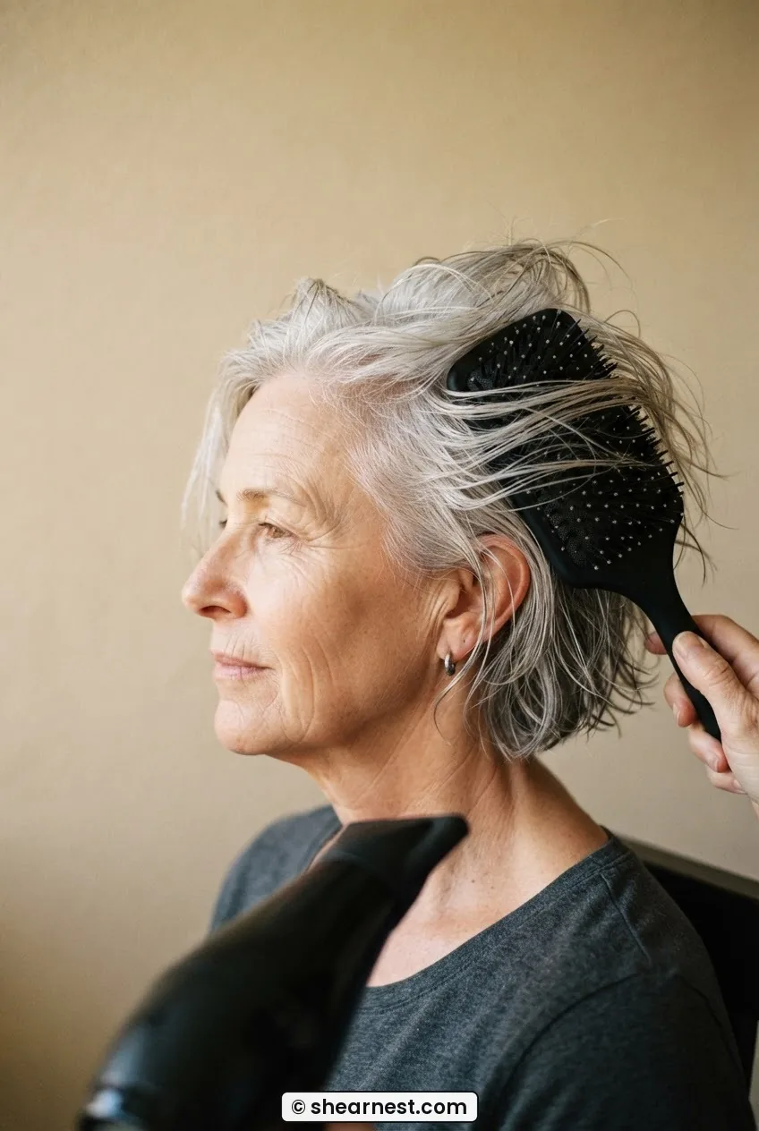 Side view of woman with short silver hair being lifted with paddle brush during rough-drying step