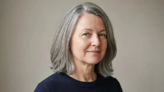 52-year-old woman with round face and mid-length greying disconnected lob past jaw in soft studio light