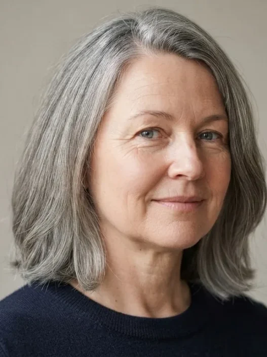 52-year-old woman with round face and mid-length greying disconnected lob past jaw in soft studio light