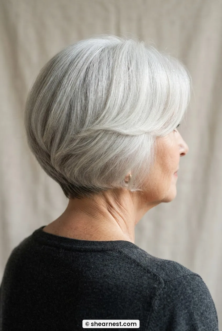 Fine silver hair styled in a round-layered mid-length, dome volume shape visible at the crown against oat backdrop