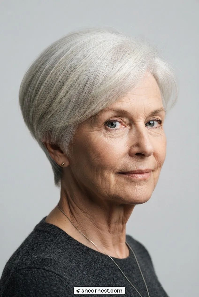Older woman with close-cropped silver hair blown into a rounded dome, tapered at the nape, against a pale grey backdrop