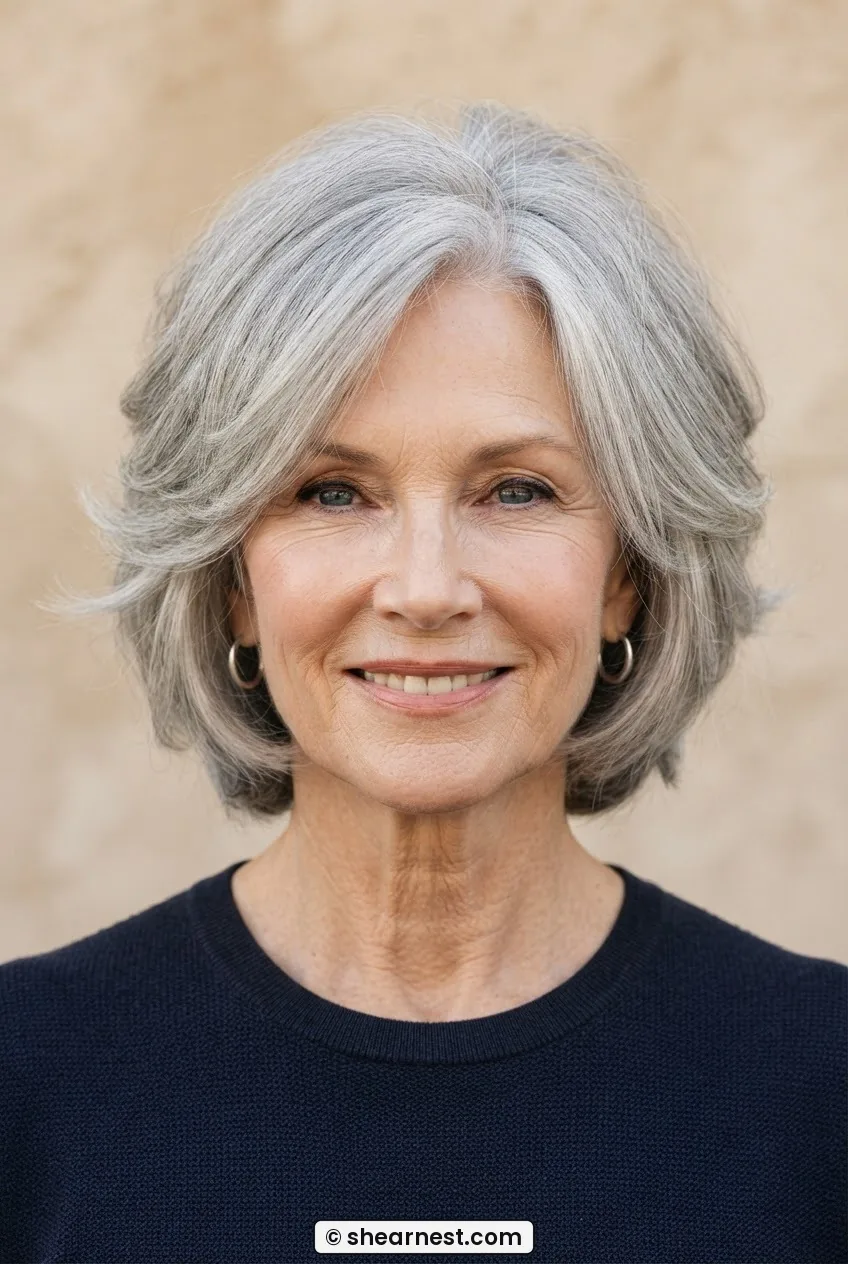 Woman with a long face in a rounded shag haircut with silver hair and face-framing pieces angling outward at the cheekbones