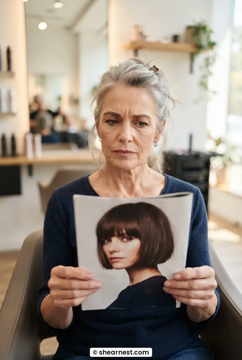 Older woman in salon chair holding printed magazine photo of a blunt bob, looking uncertain