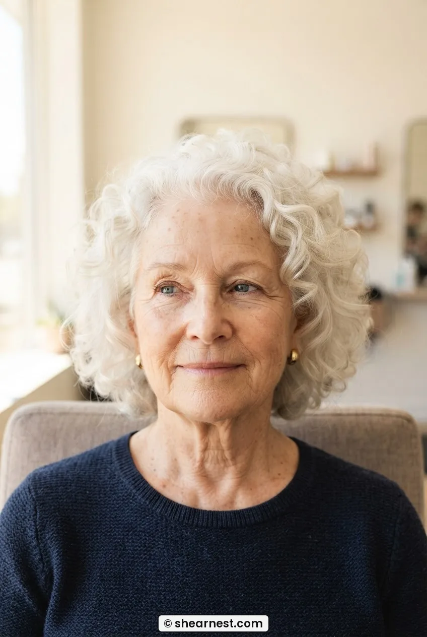 Older woman with natural white curls seated in salon chair, warm light on curl texture