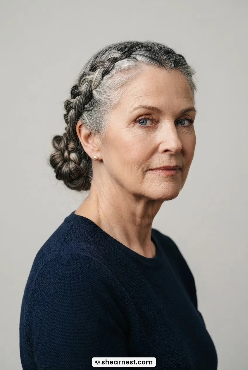 Older woman with long salt-and-pepper hair in two flat braids wrapping from temples to the back, pinned in a low gathered style