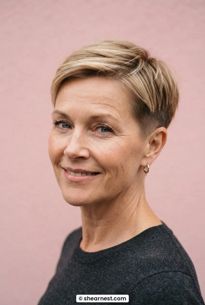 Woman with short sandy blonde pixie cut showing tight graduation through the back and subtle tonal variation on top