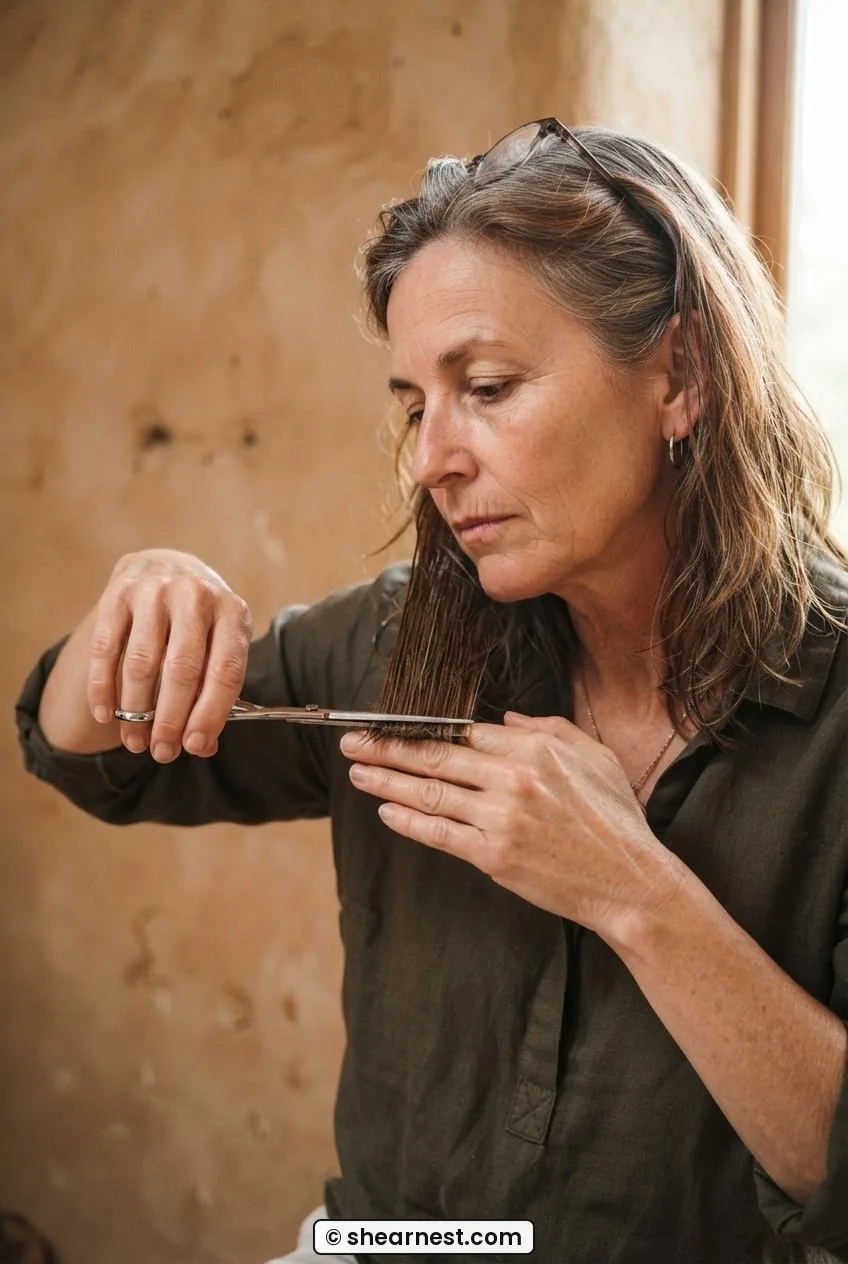 Close view of fingers holding hair flat at collarbone level with scissors parallel for clean perimeter weight-line cut