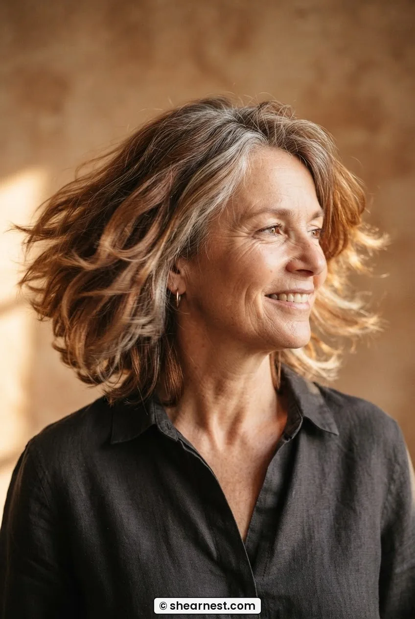 Three quarter view of a 55-year-old woman's modern shag in greying auburn caught mid-movement with layers separating in sidelight