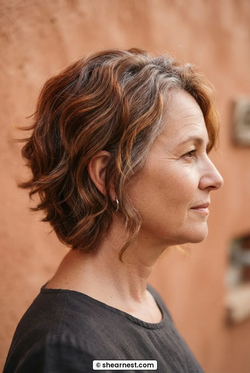 Side profile of a 55-year-old woman with a short shag showing interior layering and weight removal at mid-lengths