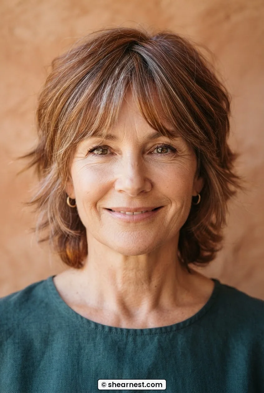 Front portrait of a 55-year-old woman with a short shag and softly textured curtain bangs in silver-streaked auburn