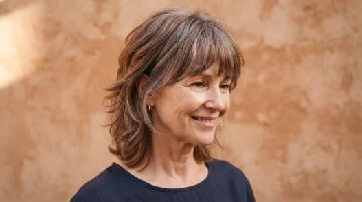 Three quarter view of a 55-year-old woman with a modern short shag in greying auburn against a warm clay backdrop