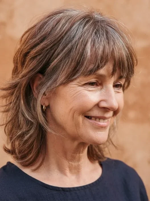 Three quarter view of a 55-year-old woman with a modern short shag in greying auburn against a warm clay backdrop