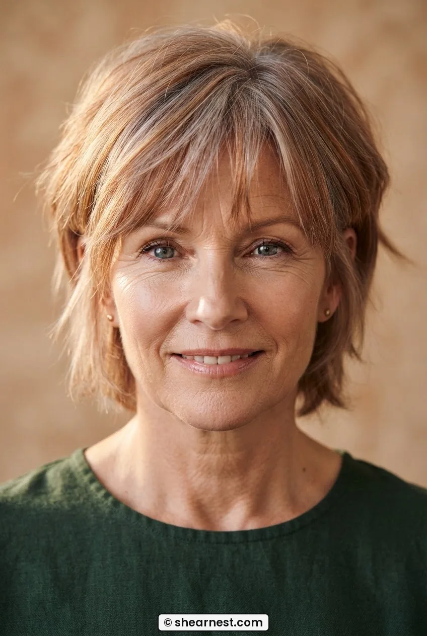 Front-facing close-up of a 55-year-old woman with a textured short shag in silvery auburn tones under soft diffused sidelight