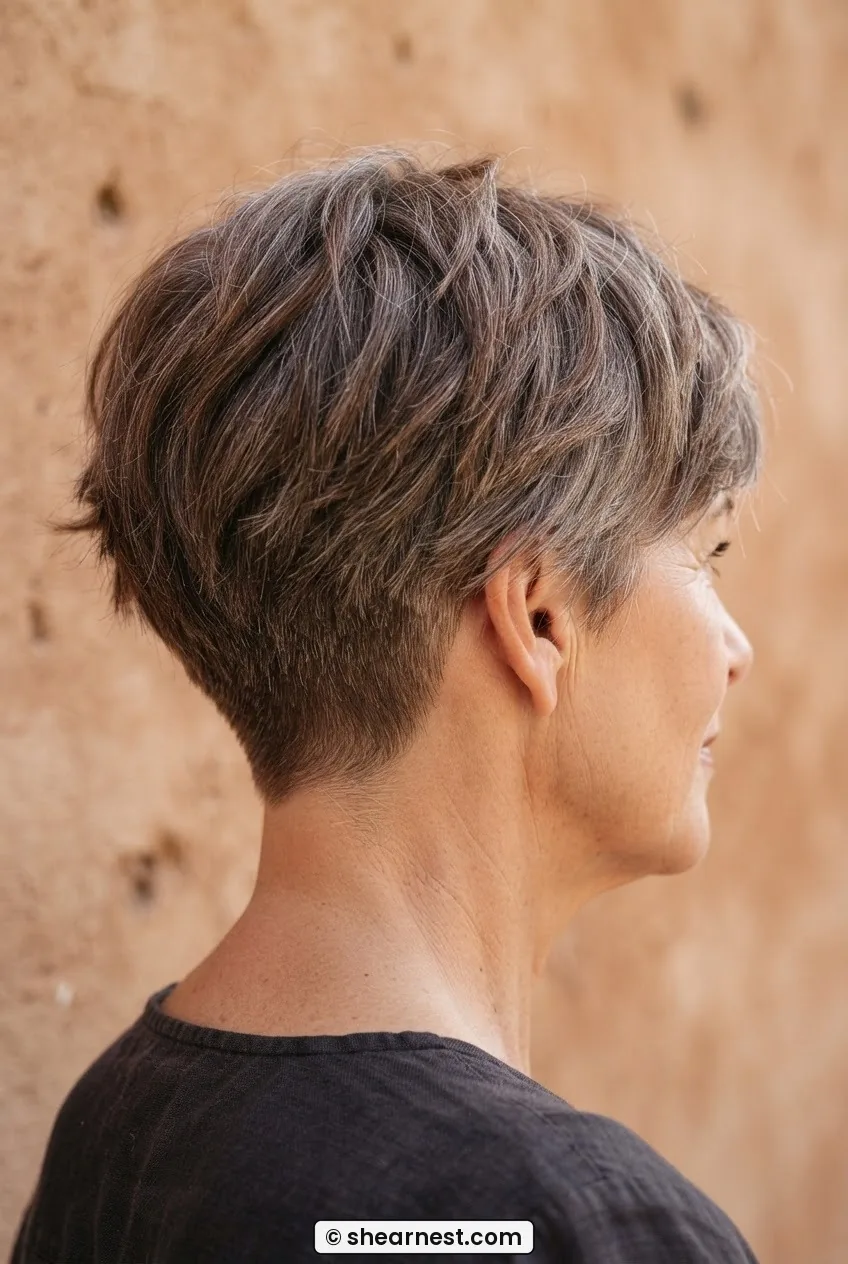 Low angle close-up of a short shag haircut on a 55-year-old woman showing nape undercut and draping top layers