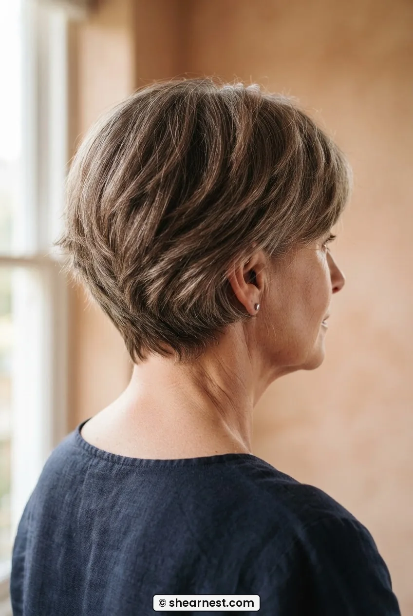 Three quarter rear view of a 55-year-old woman's short layered shag showing nape graduation and back layer separation