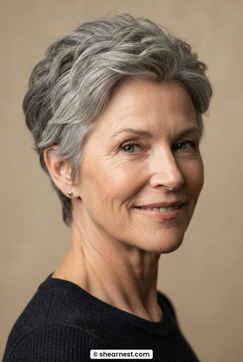 Woman over sixty with short textured grey pixie cut showing volume through crown and soft temple texture