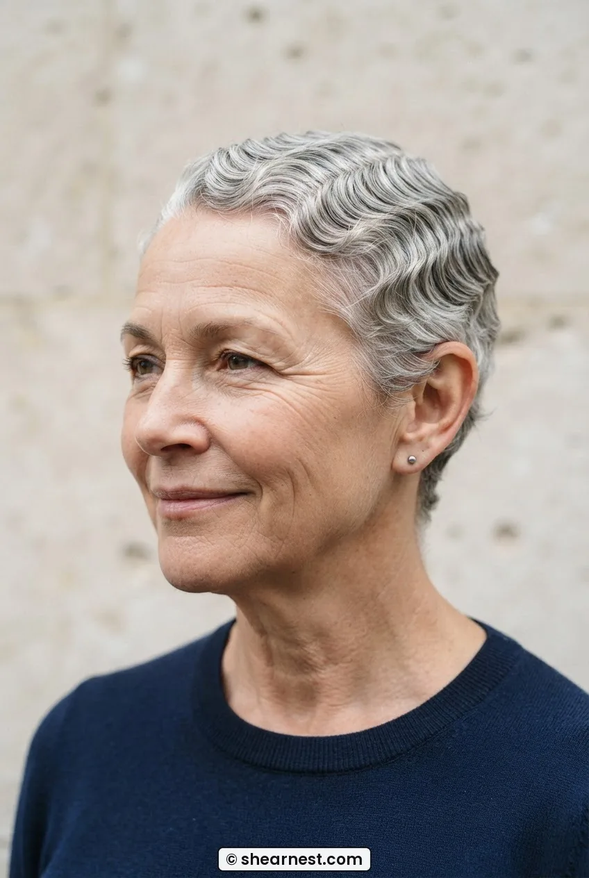 Woman in her mid-sixties with short wavy silver hair, tight wave sitting close to the head, pale stone backdrop