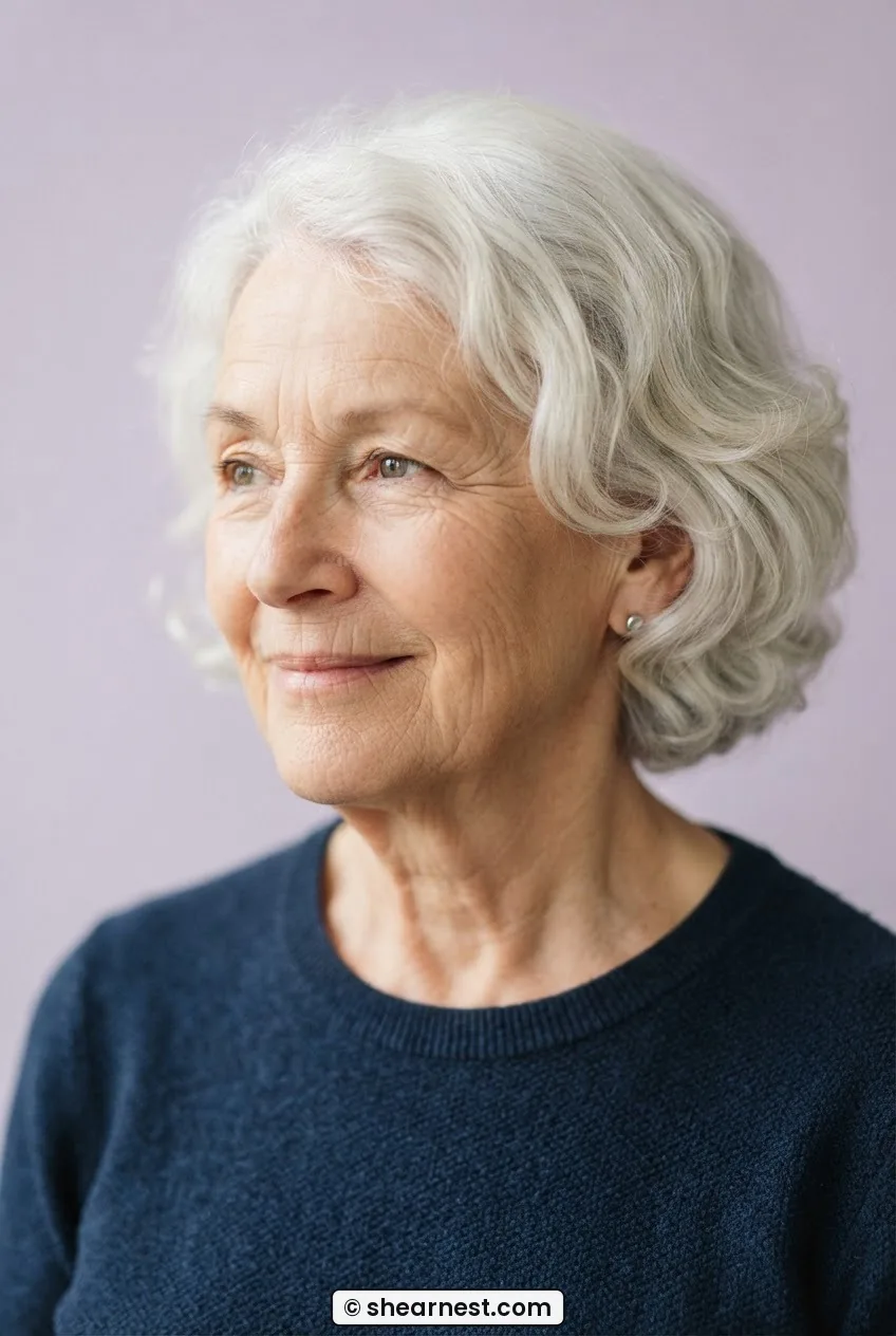 Older woman with short white wavy hair in a rounded silhouette photographed in a lilac studio setting