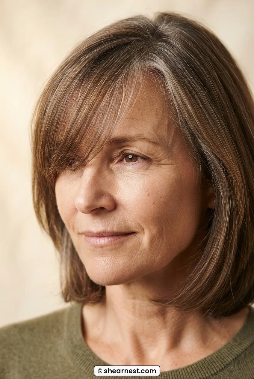 Woman in her mid-fifties with a soft diagonal side-swept fringe falling across one eye, medium brown hair with silver temples