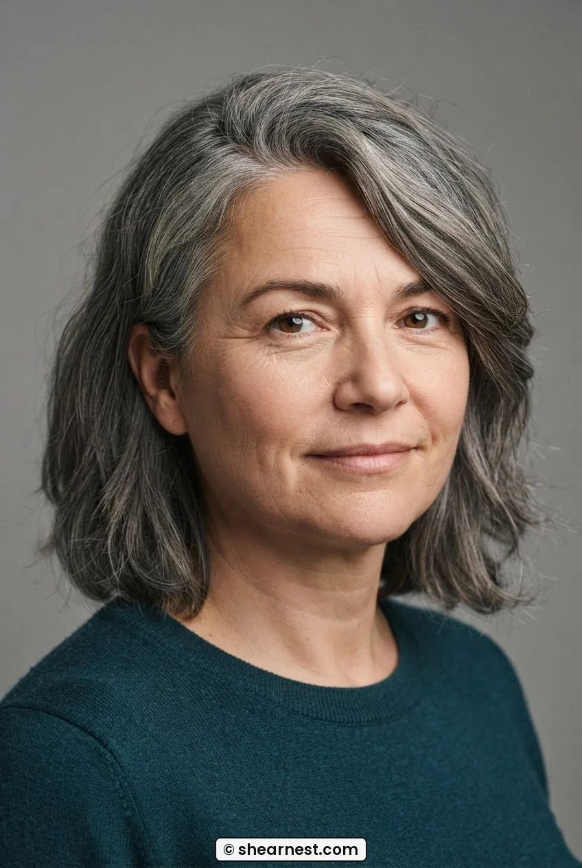 Woman over 50 with round face and deep side-parted mid-length greying cut on neutral backdrop
