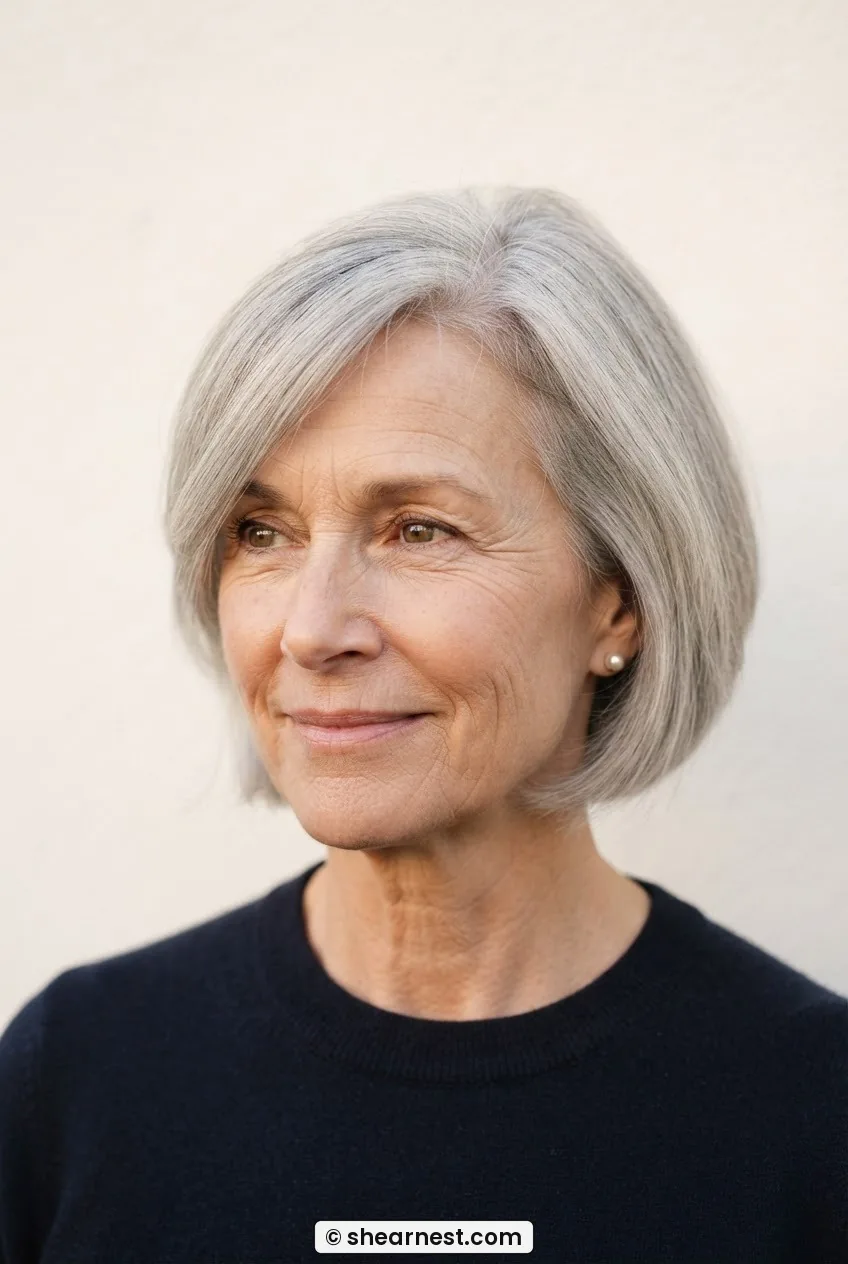 Front three-quarter view of woman with fine ash grey hair in a side-parted bob with longer section swept across forehead