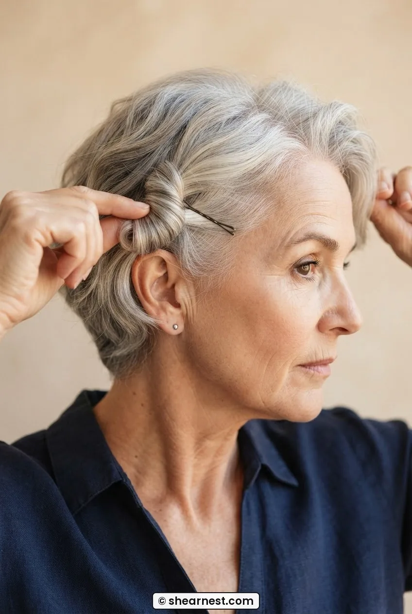 Side profile of 61-year-old woman with short silver hair rolled away from face and pinned at temple with bobby pin