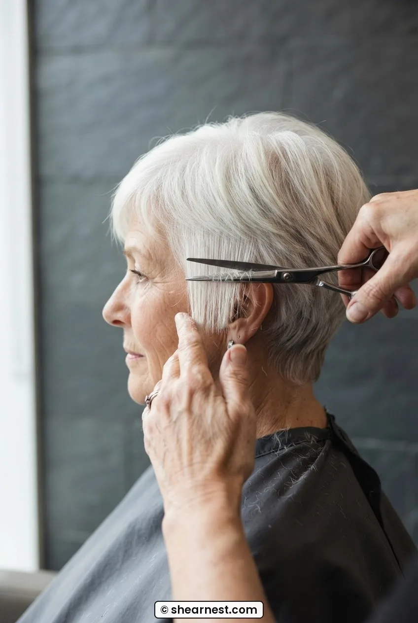 Scissors cutting a horizontal temple section during weight removal step on a short white pixie cut
