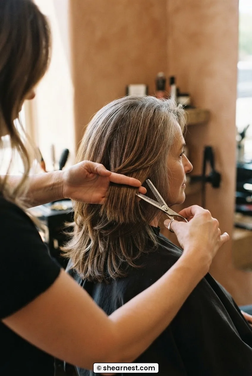 Texturizing shears pointing vertically into side section held at 90 degrees showing medium shag weight removal technique