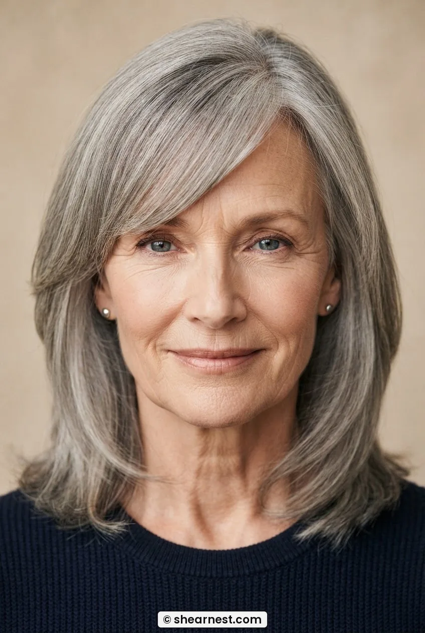 Woman with a long face wearing a brow-length side-swept fringe from a deep side parting with shoulder-length soft grey layers
