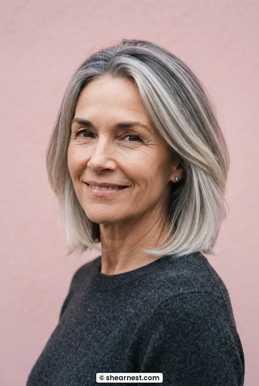 Woman with grey hair blended into pale icy blonde lengths in a medium layered bob showing natural silver-blonde transition