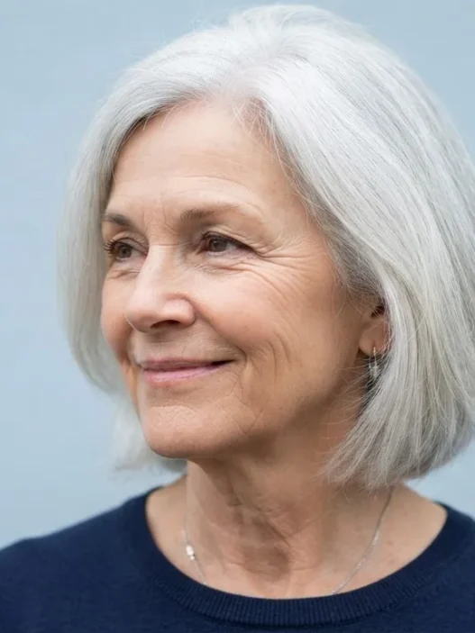 64-year-old woman with bright silver jaw-length bob against cool pale blue backdrop in documentary lighting