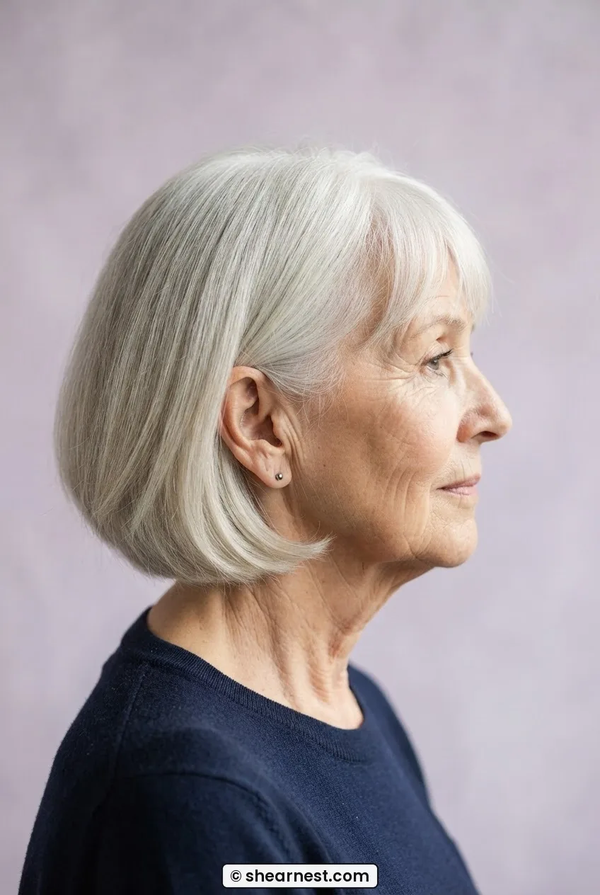 Side profile of a seventy-four-year-old woman with a silver-white chin-length bob showing bevelled perimeter at the jaw