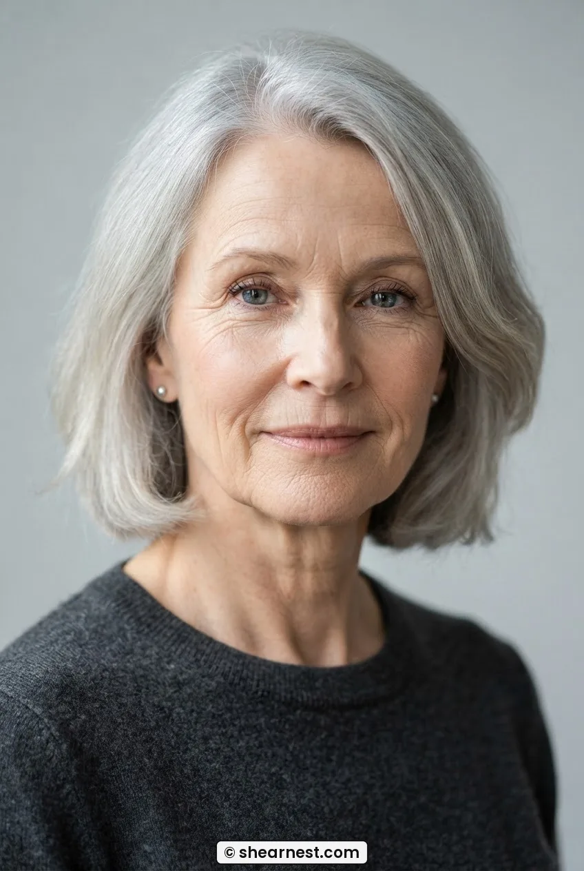 Front three-quarter view of a 63-year-old woman with a silver chin-length bob with soft layers framing her jawline