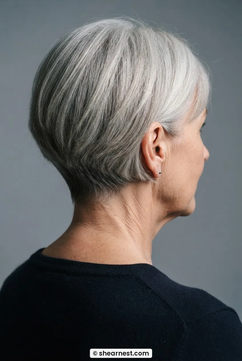 Rear three-quarter view of a 62-year-old woman showing the neckline and interior layers of a short silver layered bob