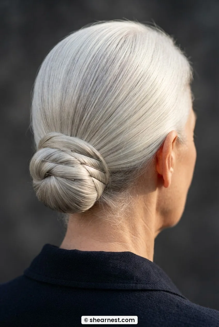 Rear view of sixty-something woman with silver-white hair in a flat centred chignon showing smooth outer wrap and horizontal pins
