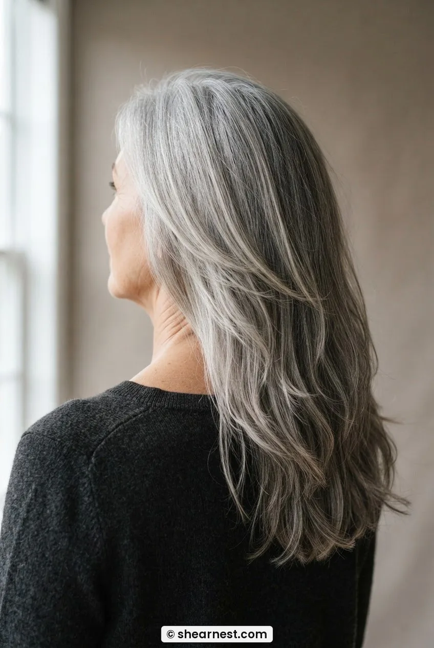 View from slightly behind of a woman with long silver hair showing the interior layered structure at the back