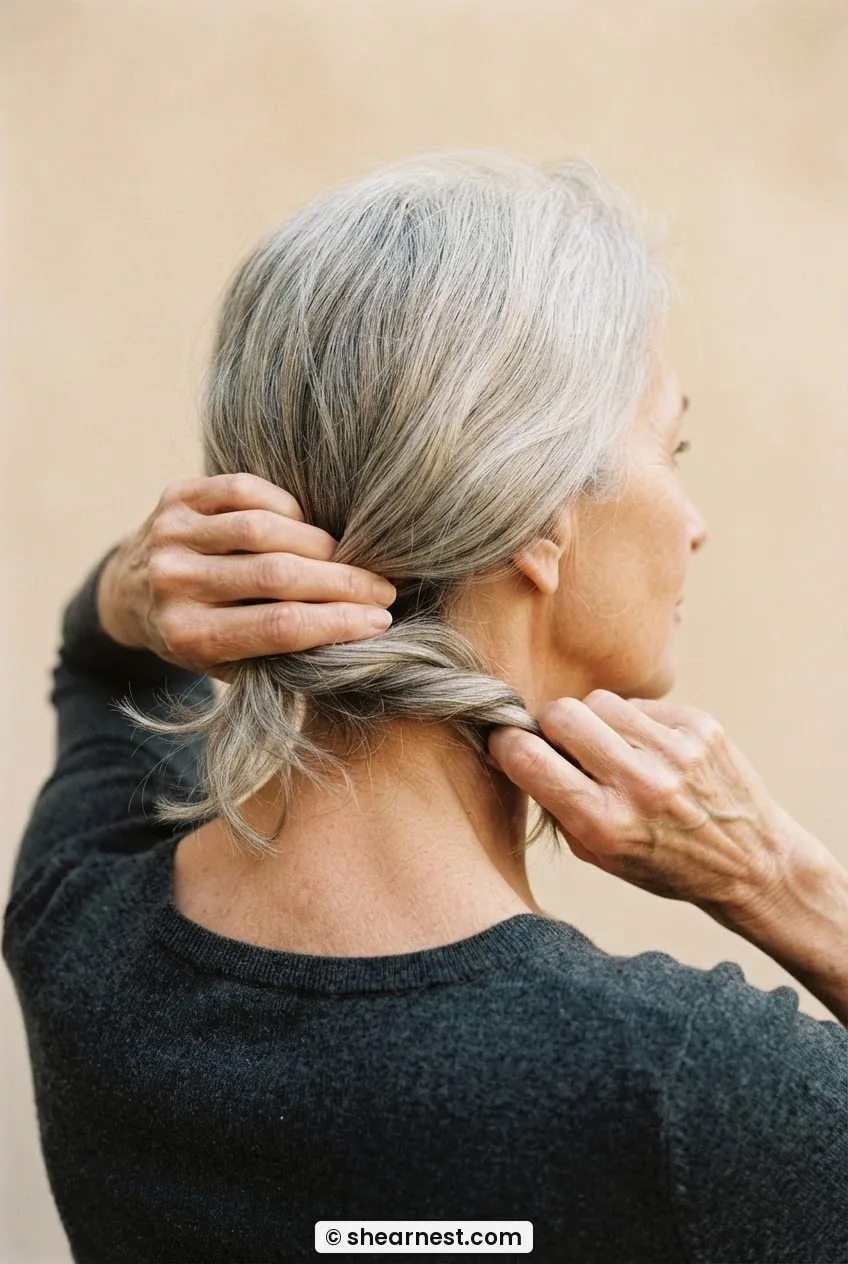 Rear three quarter view of silver-haired woman gathering back panel into pre-twist motion with both hands