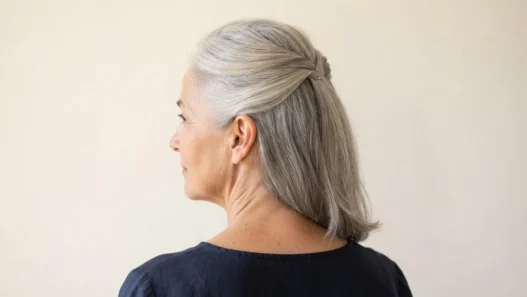 Rear three-quarter view of a 58-year-old woman with mid-length silver hair pinned half up at the crown against an ivory backdrop