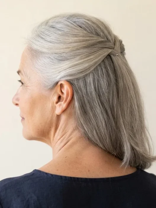 Rear three-quarter view of a 58-year-old woman with mid-length silver hair pinned half up at the crown against an ivory backdrop