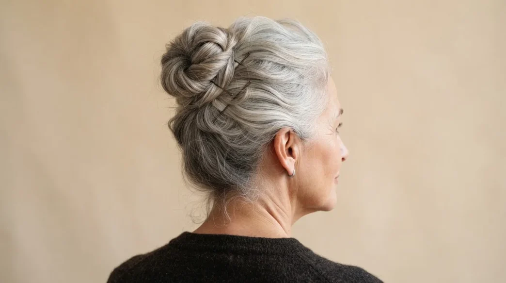 Rear three-quarter view of silver-haired woman in a pinned occasion updo against champagne backdrop with warm soft light