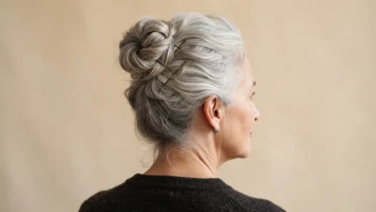 Rear three-quarter view of silver-haired woman in a pinned occasion updo against champagne backdrop with warm soft light