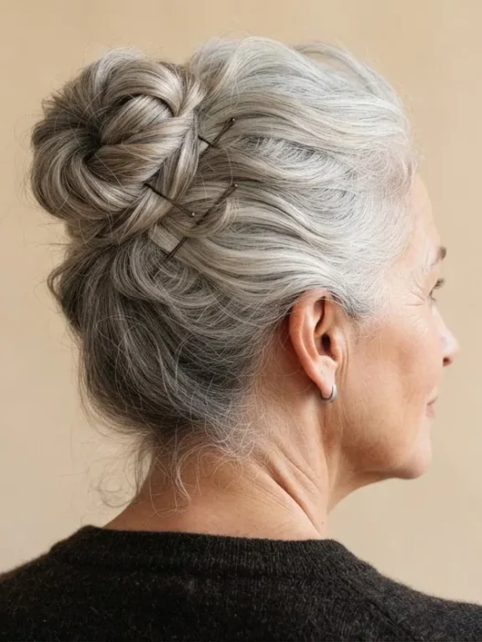 Rear three-quarter view of silver-haired woman in a pinned occasion updo against champagne backdrop with warm soft light