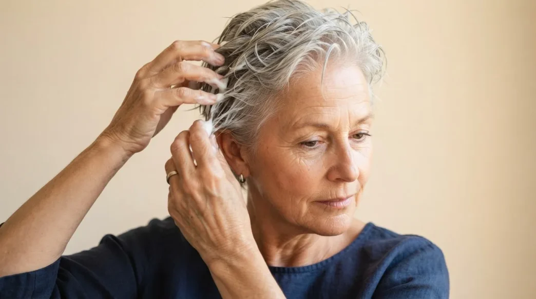 61-year-old woman with damp short silver hair applying mousse through mid-lengths with fingers against champagne backdrop