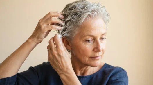 61-year-old woman with damp short silver hair applying mousse through mid-lengths with fingers against champagne backdrop