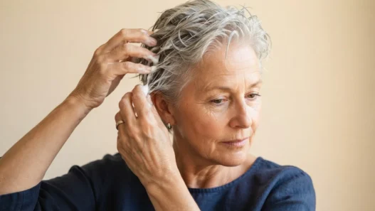 61-year-old woman with damp short silver hair applying mousse through mid-lengths with fingers against champagne backdrop