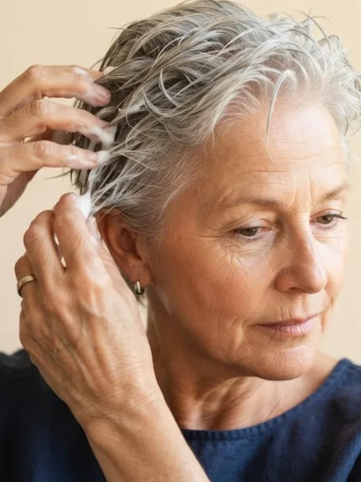 61-year-old woman with damp short silver hair applying mousse through mid-lengths with fingers against champagne backdrop