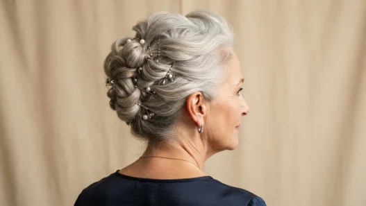 Rear three quarter view of older woman with silver hair in an elegant pinned updo against champagne backdrop