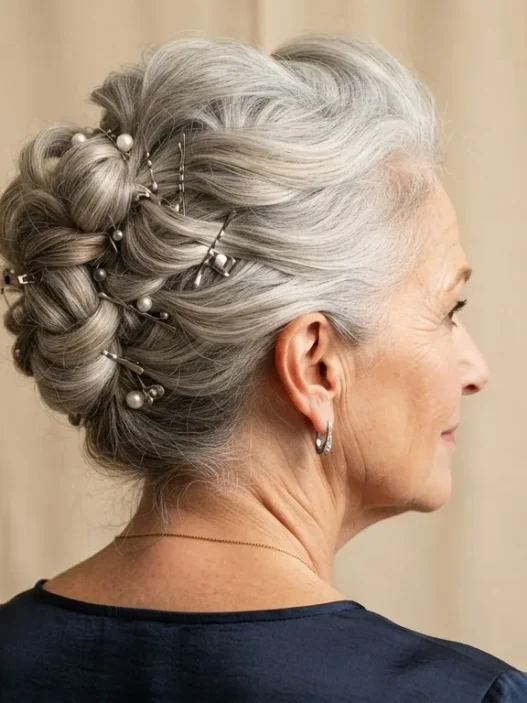 Rear three quarter view of older woman with silver hair in an elegant pinned updo against champagne backdrop